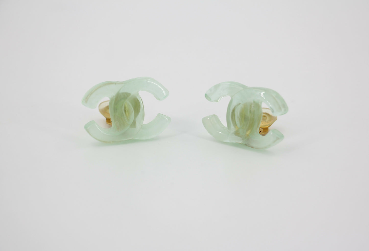 Chanel Vintage 01P Resin Transparent Green Large CC Clip-on Earrings