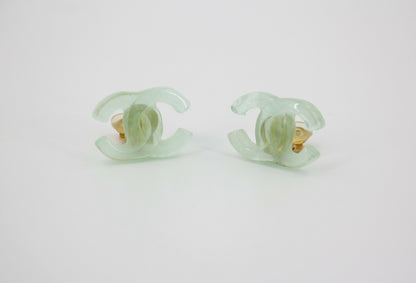 Chanel Vintage 01P Resin Transparent Green Large CC Clip-on Earrings