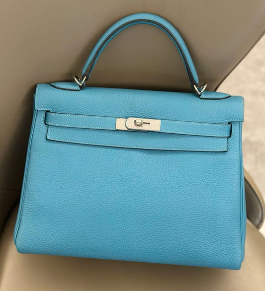 Hermes kelly 32 Turquoise Togo leather palladium hardware