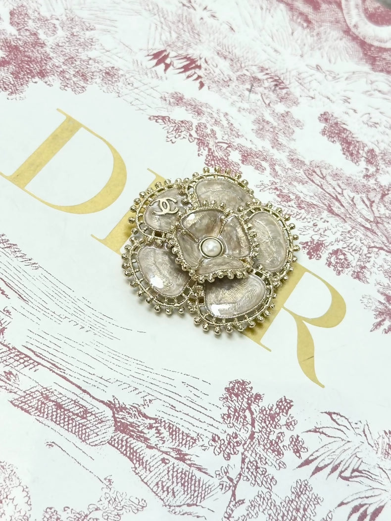 Chanel 23 champagne gold pearl camellia brooch