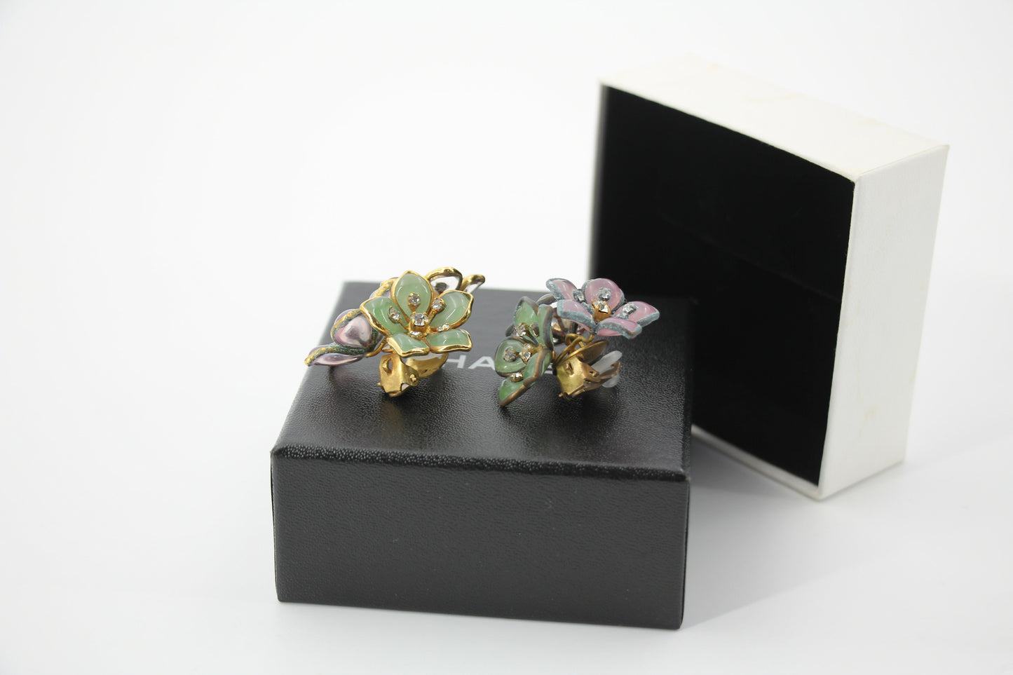 Chanel Vintage 71-80 Rhinestone Pink and Green Flower Earrings