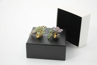 Chanel Vintage 71-80 Rhinestone Pink and Green Flower Earrings