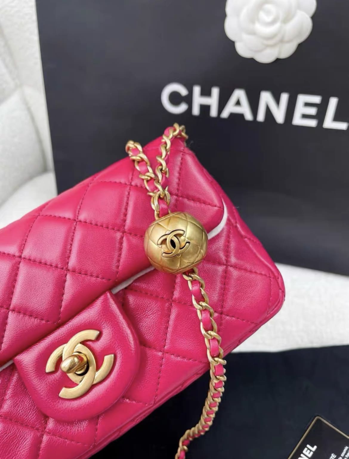 Chanel rose red gold ball cf large mini chain bag