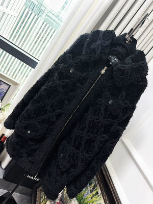 CHANEL black teddy bear quilted cashmere coat