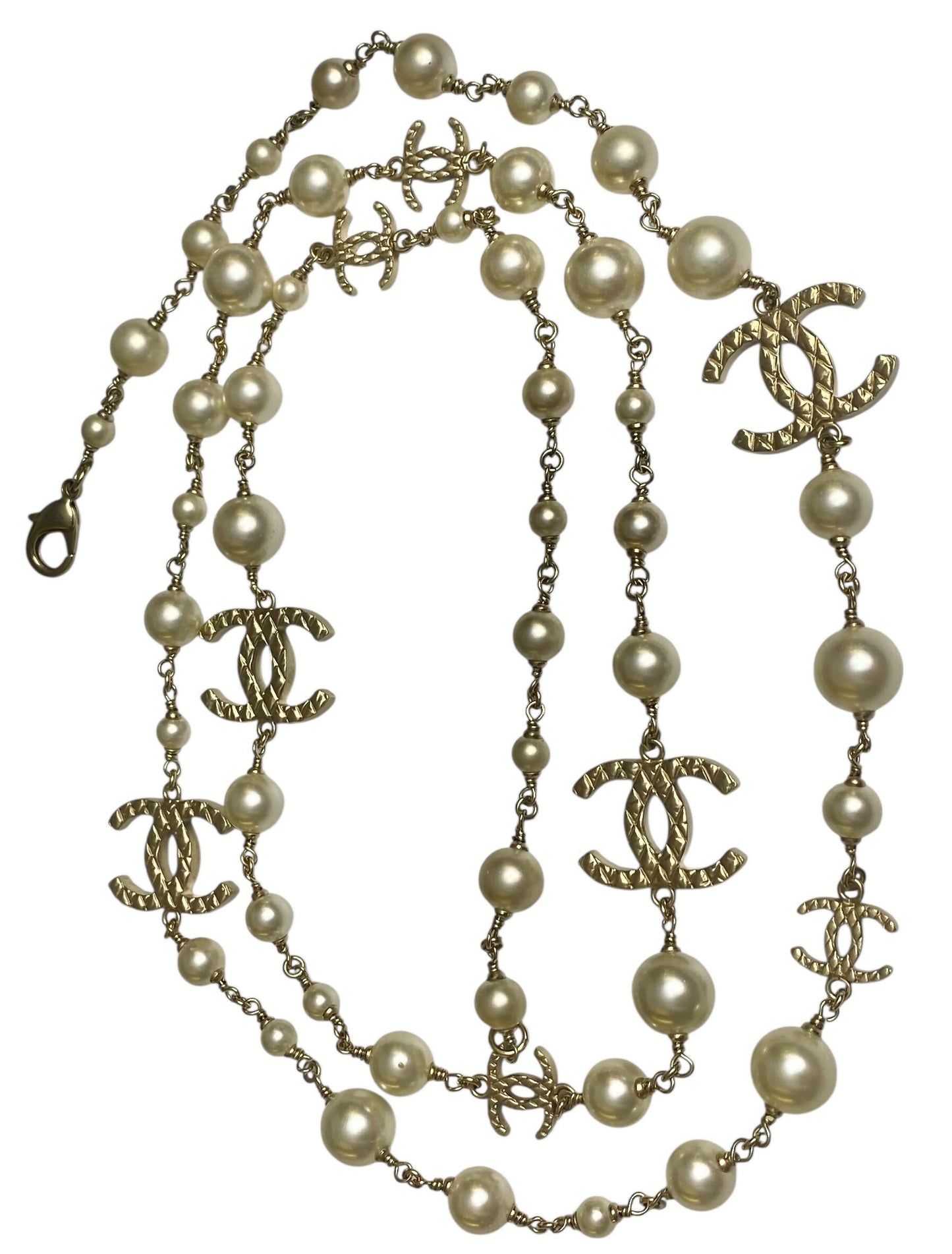 Chanel 10A Shanghai Extra Long Pearl Gold Strand 8 CC Logo Necklace