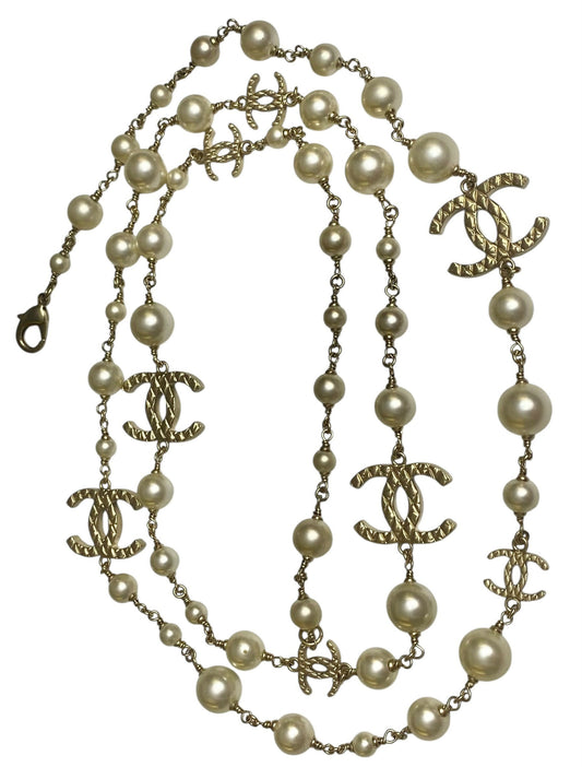 Chanel 10A Shanghai Extra Long Pearl Gold Strand 8 CC Logo Necklace