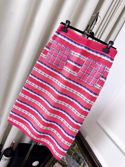 Chanel 24P pink and blue-white striped knit skirt