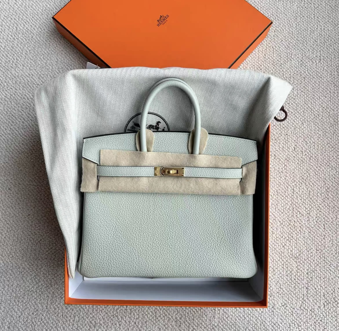 Hermes birkin 25 ice crystal gray gold hardware togo leather B engraved