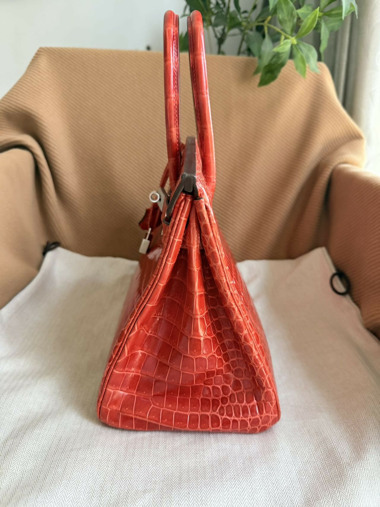 Hermes Birkin 35 Braise shiny croc white gold diamond hardware