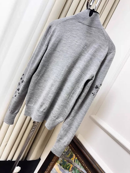 Chanel 22K grey turtleneck knit sweater with rhinestone and beaded floral print