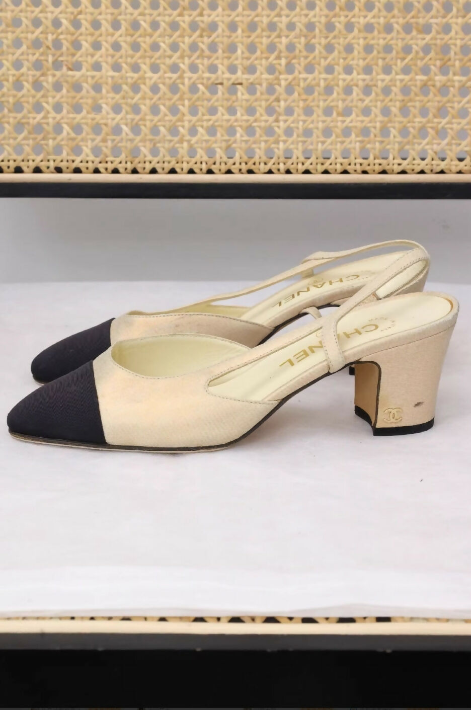 Chanel Beige and Black Sling Back Sandals