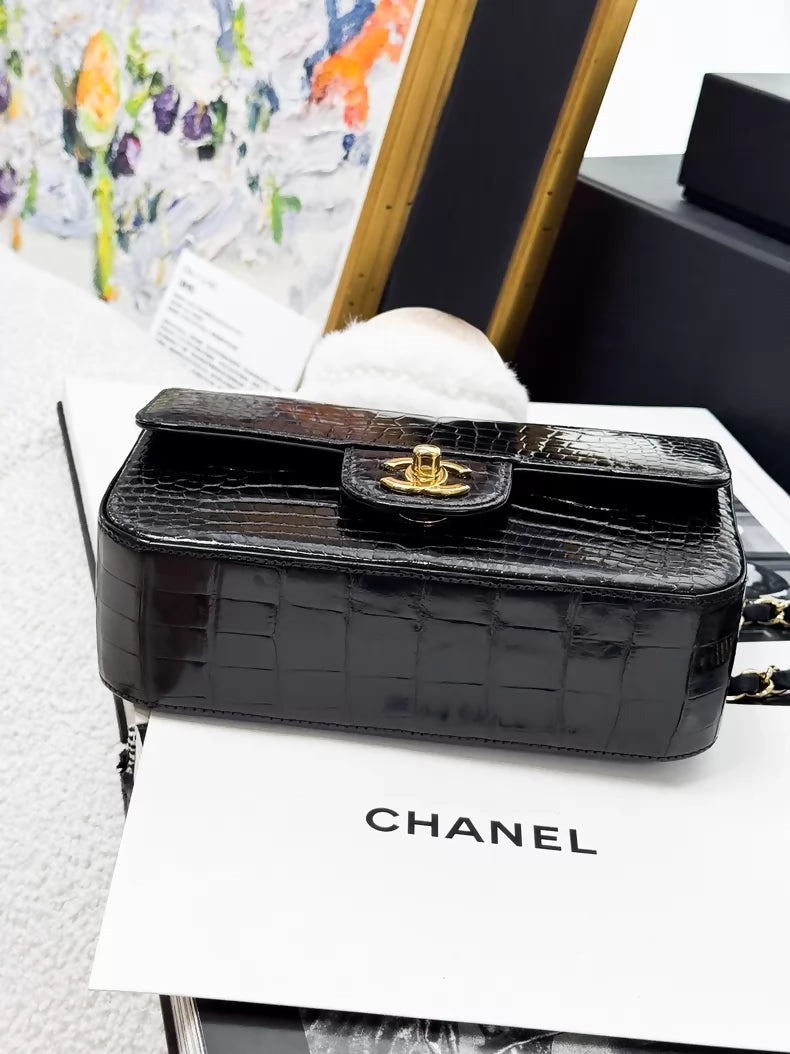 Chanel 2017 CF Mini Black Crocodile leather gold Chain Bag