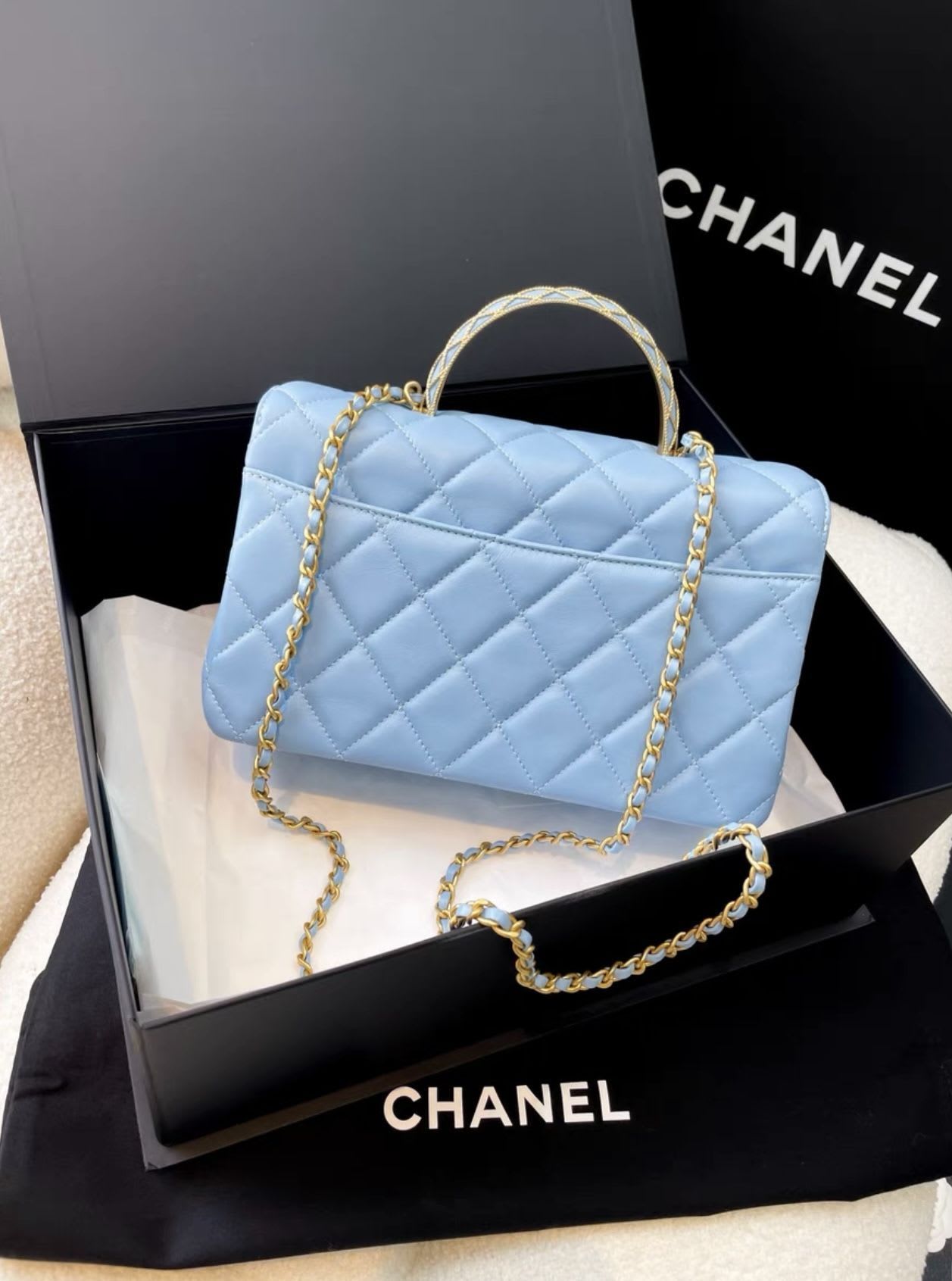 Chanel 23A Sky Blue gold hardware Chain Top Handle quilted leather