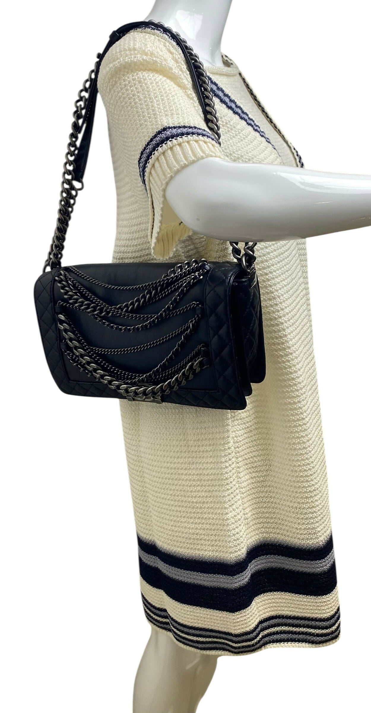 Chanel 13A Enchained Boy Bag Black Leather Old Medium Flap Bag