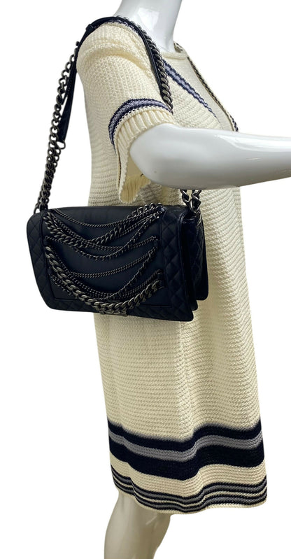 Chanel 13A Enchained Boy Bag Black Leather Old Medium Flap Bag