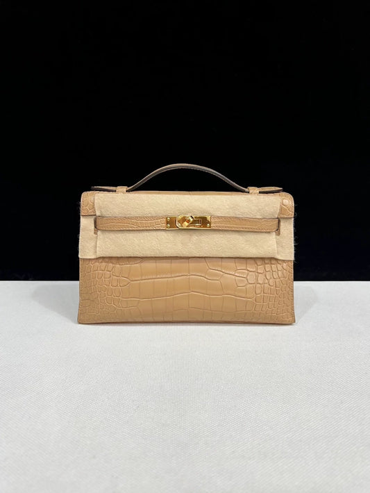 Hermes kelly pochette Chai Matte Crocodile leather Gold Hardware