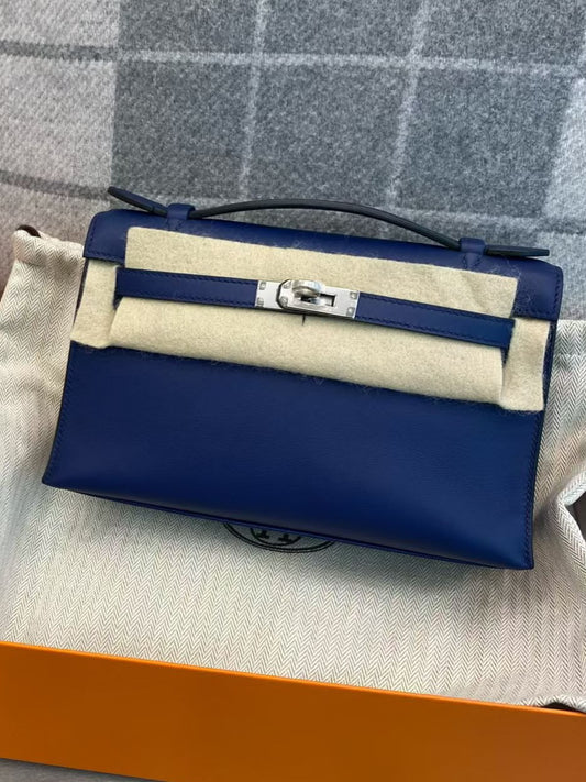 Hermes Kelly Pochette blue encre swift leather palladium hardware