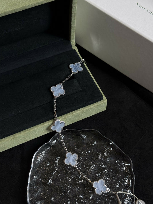 Van Cleef & Arpels Vintage Alhambra 5-Motif Bracelet Chalcedony (Purple Chalcedony) with 18K White Gold Hardware