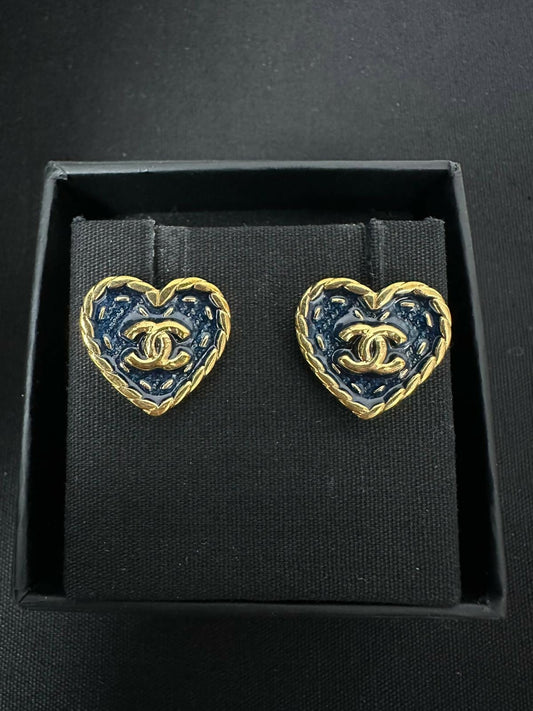 Chanel 24P Denim Heart Stud Earrings
