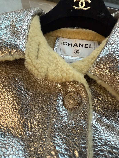 Chanel 08 silver metalic Lambskin leather & wool Vest