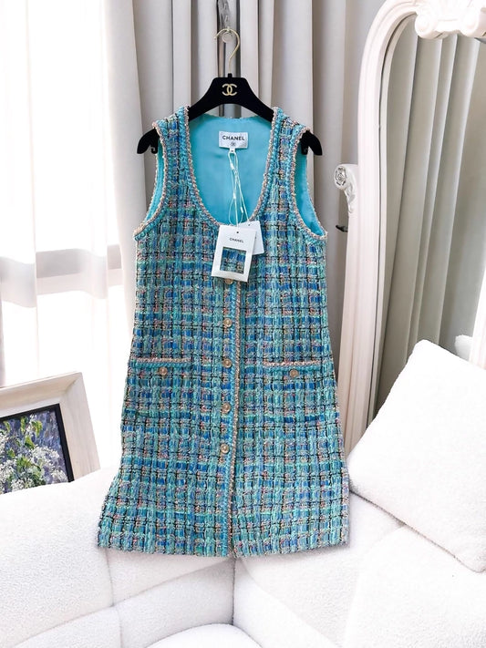 Chanel 25A blue sequined tweed dress
