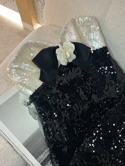 rare vintage Chanel Black and White Sequined Bow Strapless Dress