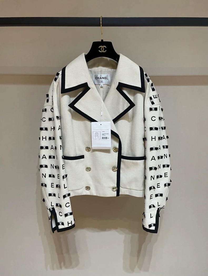 Chanel 21Secru denim oversized jacket with chanel lettering