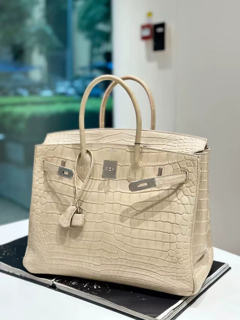 Hermes Birkin 35 wool white matte alligator leather Palladium hardware