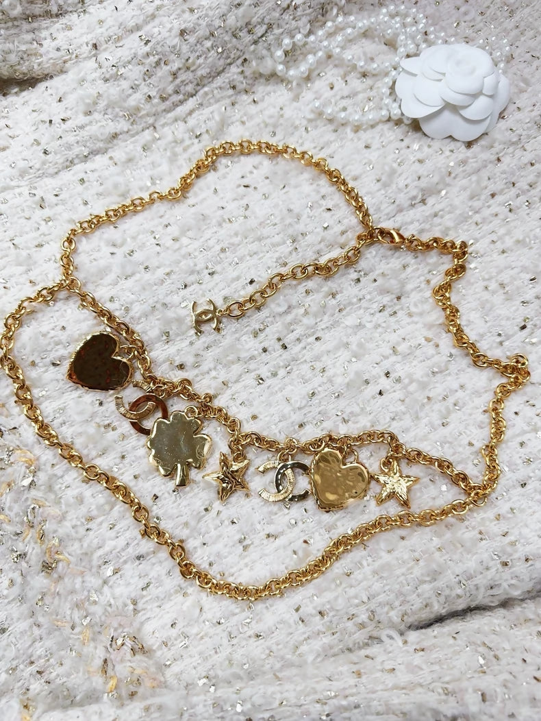 Chanel 24P Vintage Gold Double C Enamel Heart, Star, and Four-Leaf Clover Double Waist Chain