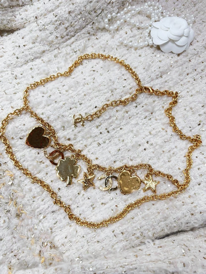 Chanel 24P Vintage Gold Double C Enamel Heart, Star, and Four-Leaf Clover Double Waist Chain