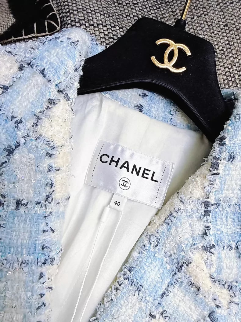Chanel 22B blue and white sequined check tweed jacket