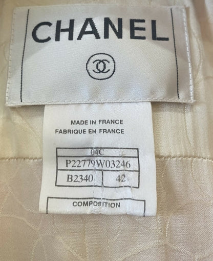 Chanel 04C Pink White Cream Fringe Tweed Checker Jacket FR 42
