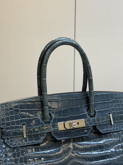 Hermes Birkin 35 Bleu Tempete Shiny Crocodie Porosus Palladium Hardware