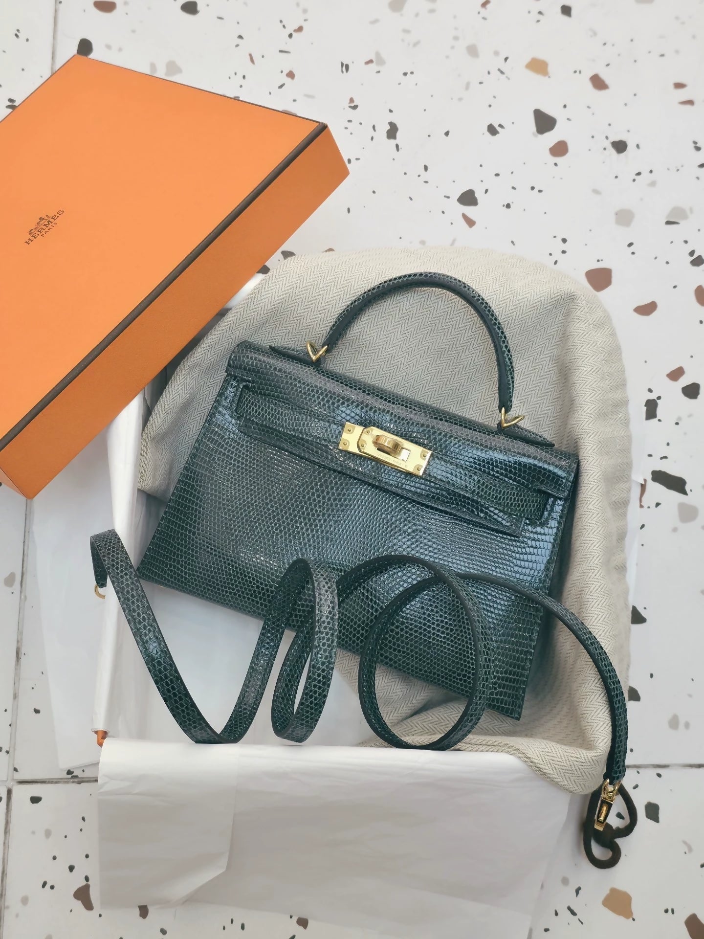 Hermes Mini Kelly 20 Vert Cypress Lizard Leather Gold Hardware