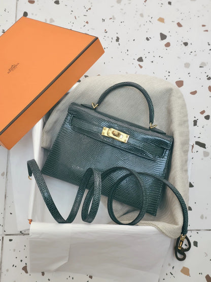 Hermes Mini Kelly 20 Vert Cypress Lizard Leather Gold Hardware