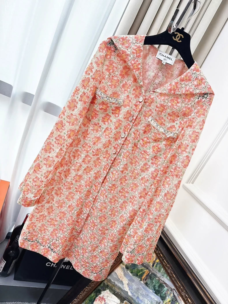 Chanel 25P Orange Camellia Lace All-over CC Cardigan