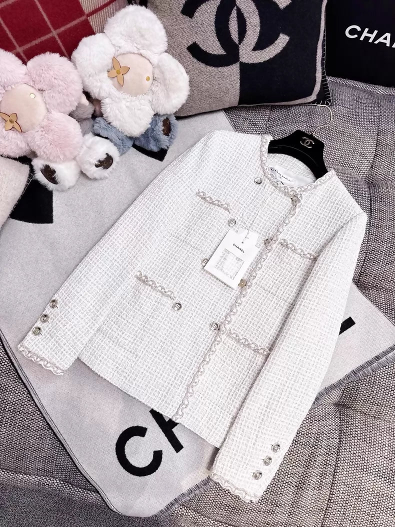 Chanel 25C white coat with gold thread trim