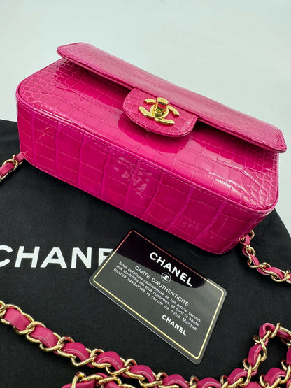 Chanel 2018-2019 Alligator Bright Pink Classic Flap Bag with Gold Hardware
