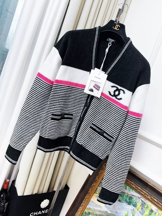 Chanel 22b black, white and pink stripes cardigan