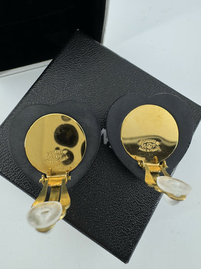 Chanel Vintage 95P Rhinestone & Gold Plated Heart-shaped Black and Red Clip-on Earrings