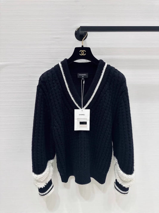 Chanel 25N Black and White V-Neck Sweater