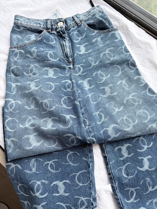 Chanel 23B blue denim cc logo wide-leg jeans