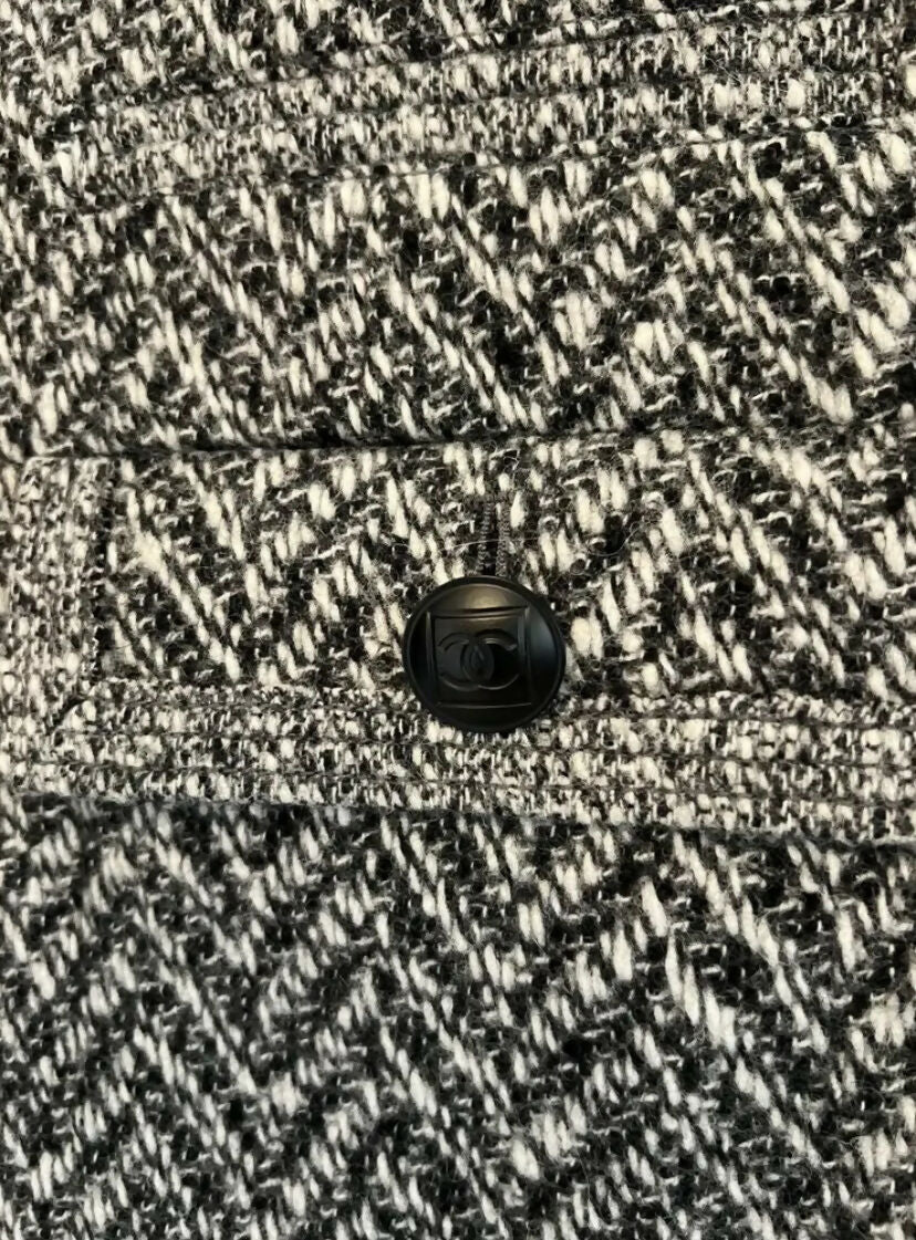 Chanel 08A Grey Herringbone Wool Utility Coat Jacket FR 38
