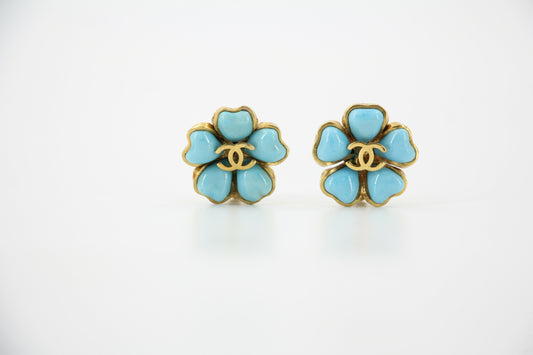 Chanel Vintage 97P Gripoix Blue Camellia Clip-on Earrings