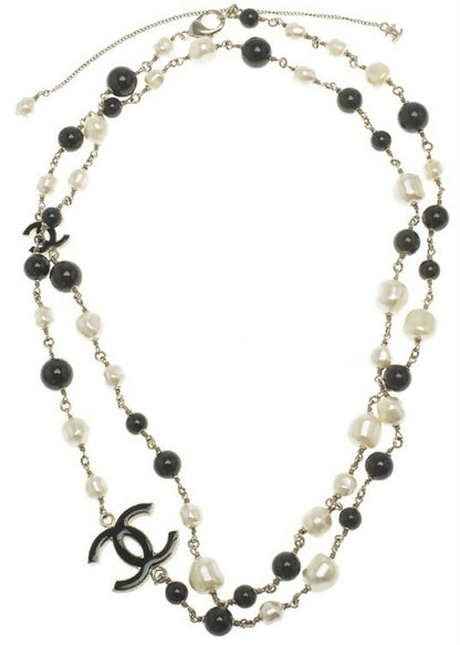 Chanel 12P Classic Long Strand Black White Freshwater Pearl and Bead Necklace GHW