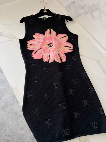 Chanel 24S Pink Camellia Black Knit Dress