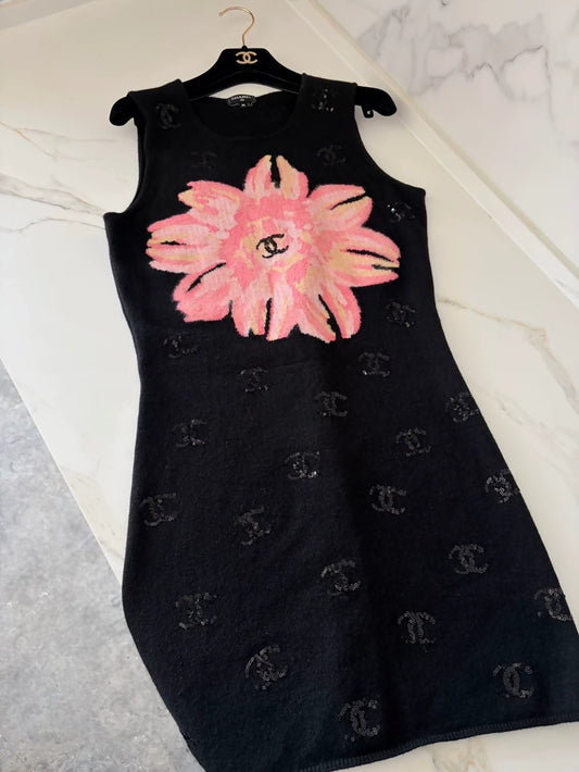 Chanel 24S Pink Camellia Black Knit Dress