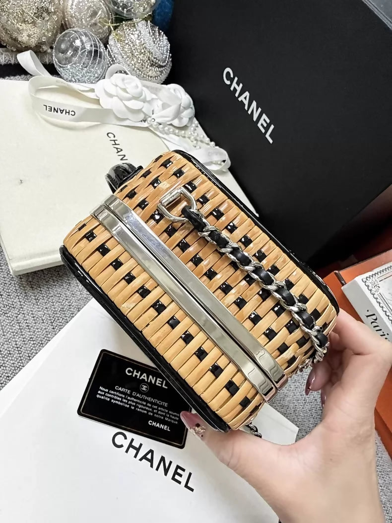 Chanel 19S Vanity classic double C logo bamboo and rattan woven limited edition bag