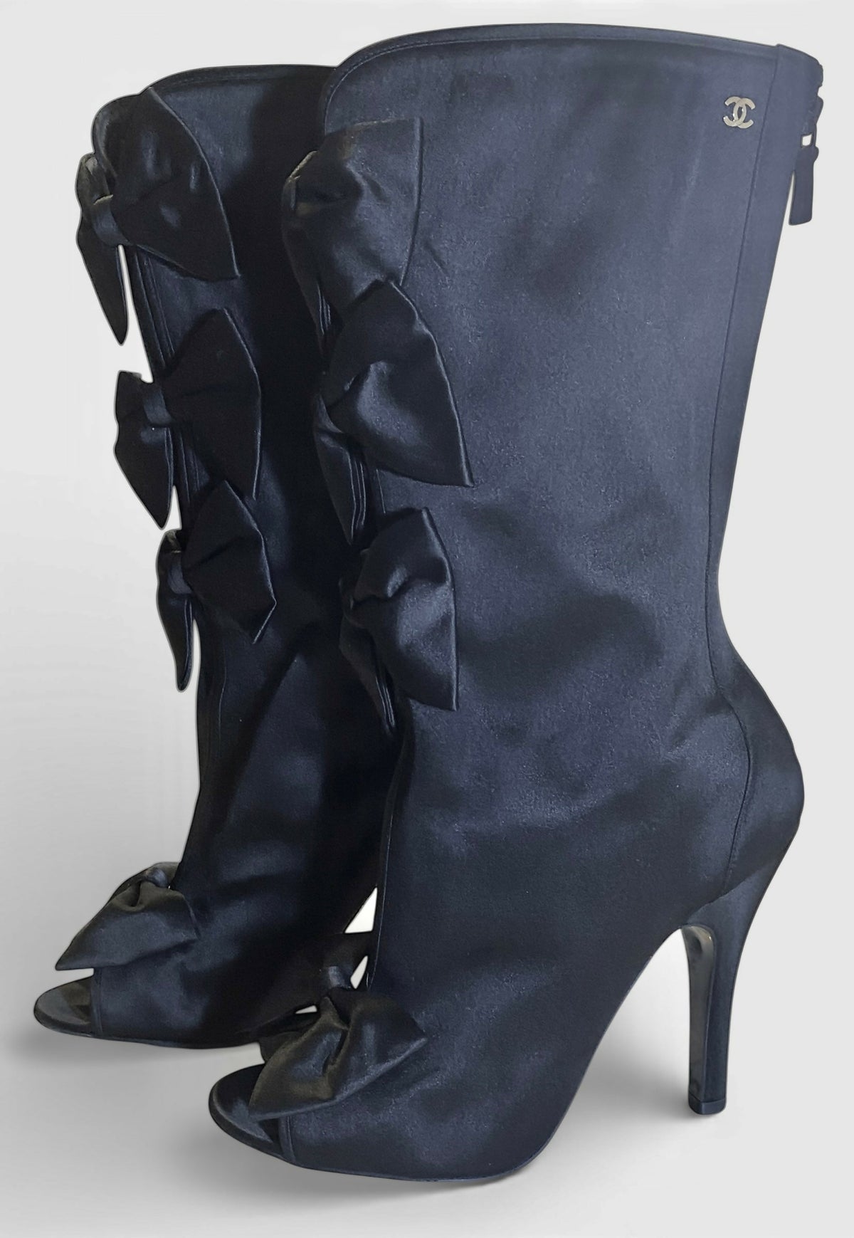 Chanel 09P Black Satin CC Bow Mid Calf Peep Toe Booties Ankle Boot Heels