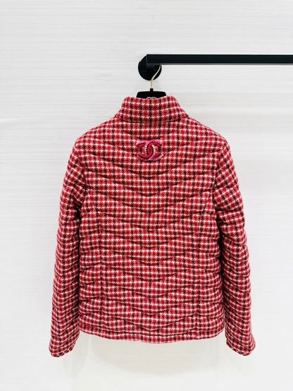 Chanel 24N Ski Collection down jacket in red check, size F34